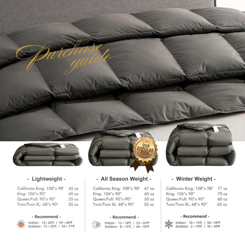 Royoliving Premium Feathers Down Duvet Insert Comforter King Size Charcoal Gray All Season Medium Warmth Winter Grey 100% Cotton Cover with Corner Tabs (106x90, 60 oz) - Image 5
